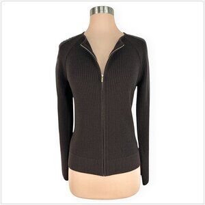 St. John Dark Brown Waffle Knit Zip Front 100% Leather Trim Sleeves Cardigan P